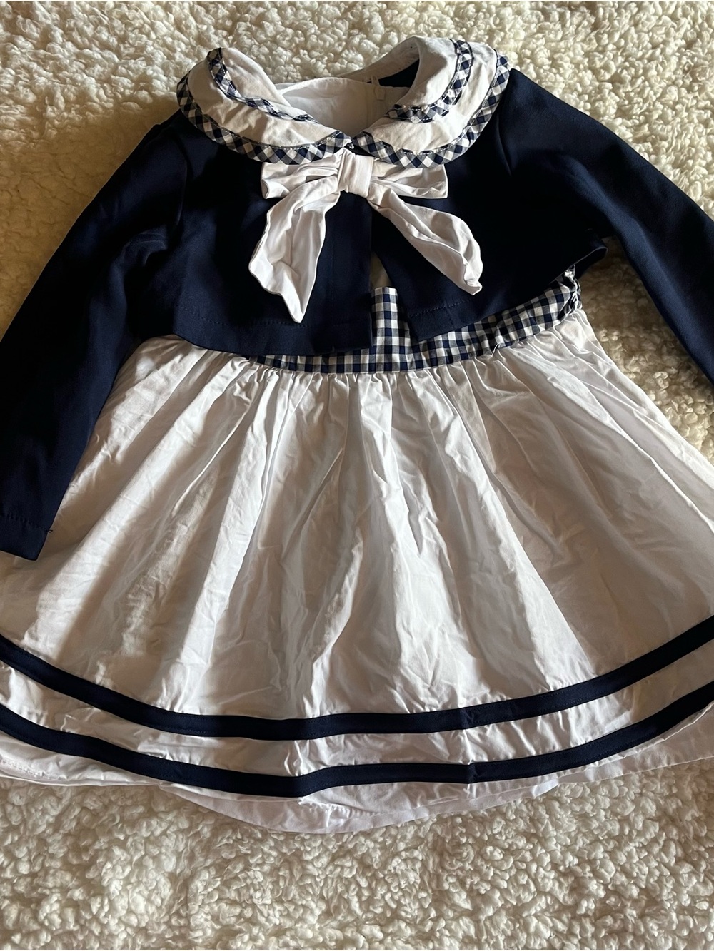 Navy & White Gingham-Trim Sailor Dress with Bow